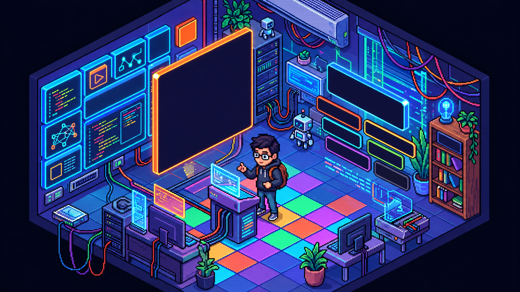 Habitación gamer isométrica de pixel art con personaje fijo, monitores, plantas y muebles